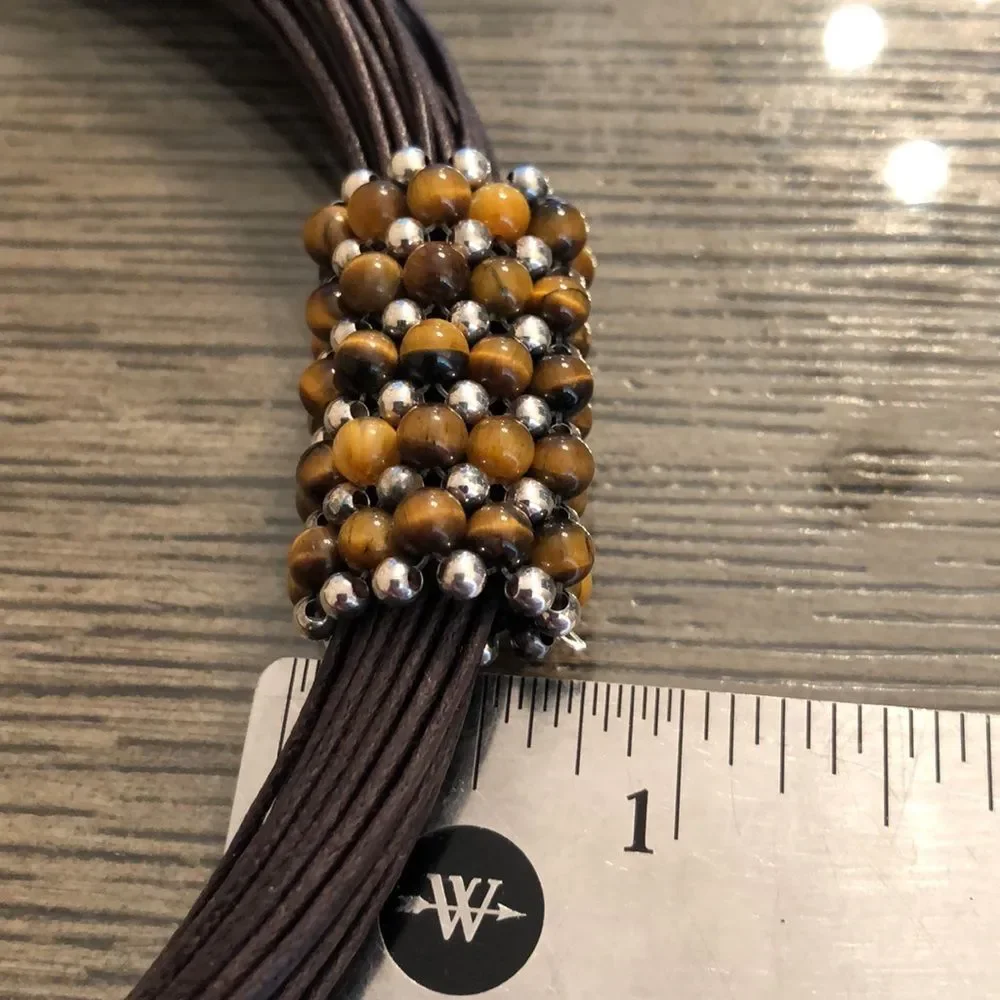 Waxed Brown Cord Necklace with Silver & Tigers Eye Beads, Sterling End Caps